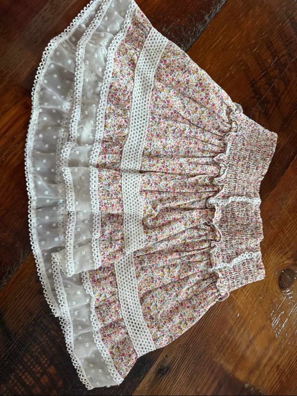 Katie J NYC Pink & White Floral Smocked Girls' Skirt with Lace